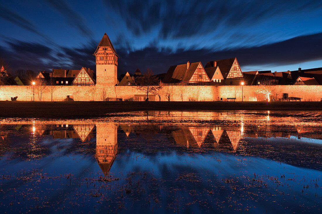 City wall in Dinkelsbühl at blue hour, Ansbach, Middle Franconia, Franconia, Bavaria, Germany, Europe