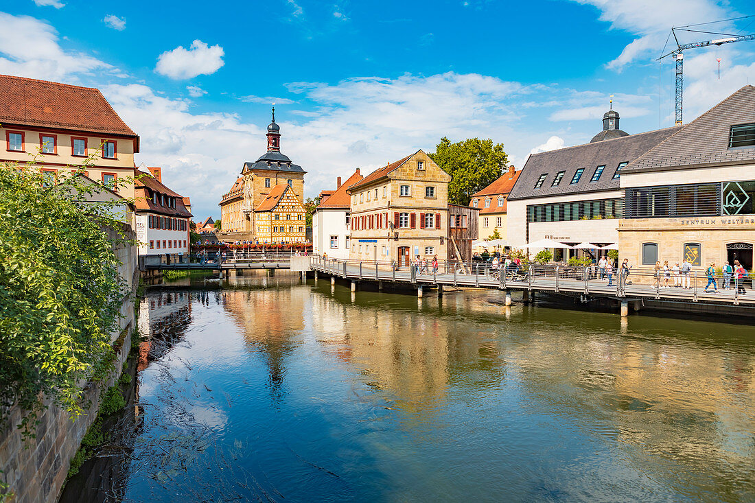 Regnitz-Ufer with view of the old town hall in the old town of Bamberg, Bavaria, Germany
