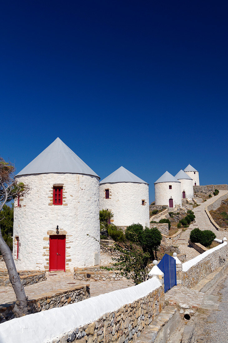 Pandeli Castle and windmills, Leros, Dodecanese Islands, Greece.                           