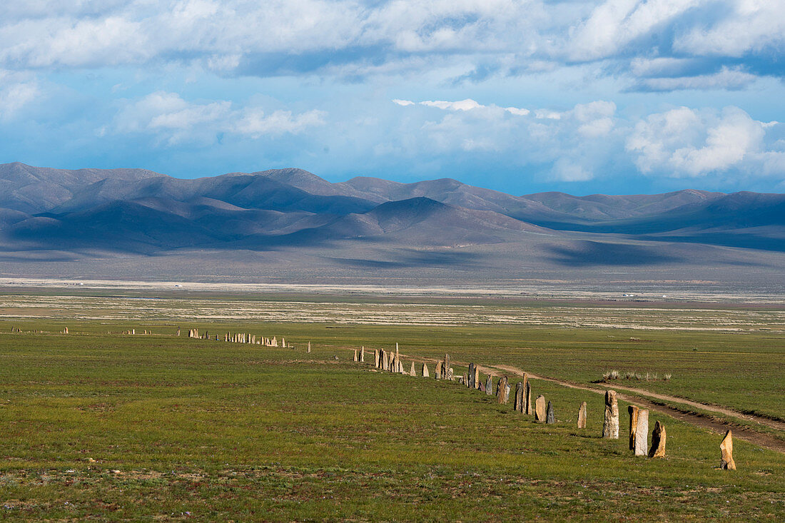 The Ungut complex, a Turkik monument ensemble consisting of man stones and numerous tombs from the 6-8th centuries AD, in Hustain Nuruu National Park, Mongolia.