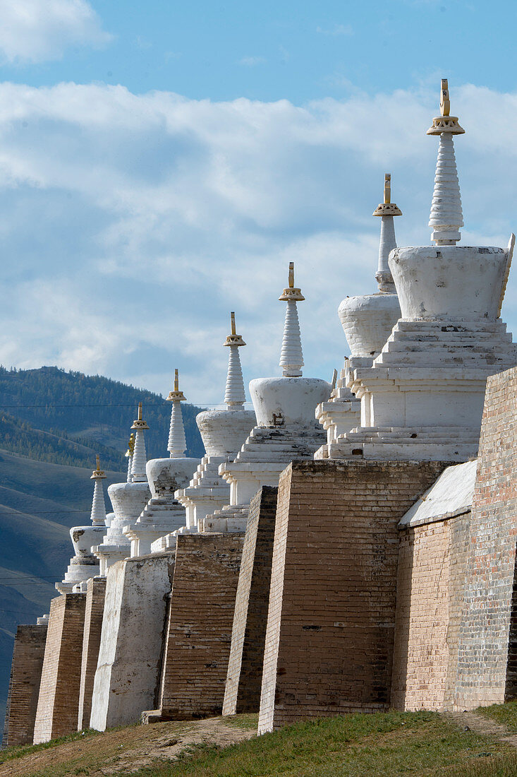 A wall with stupas is surrounding the Erdene Zuu monastery in Kharakhorum (Karakorum), a UNESCO World Heritage Site in Mongolia.