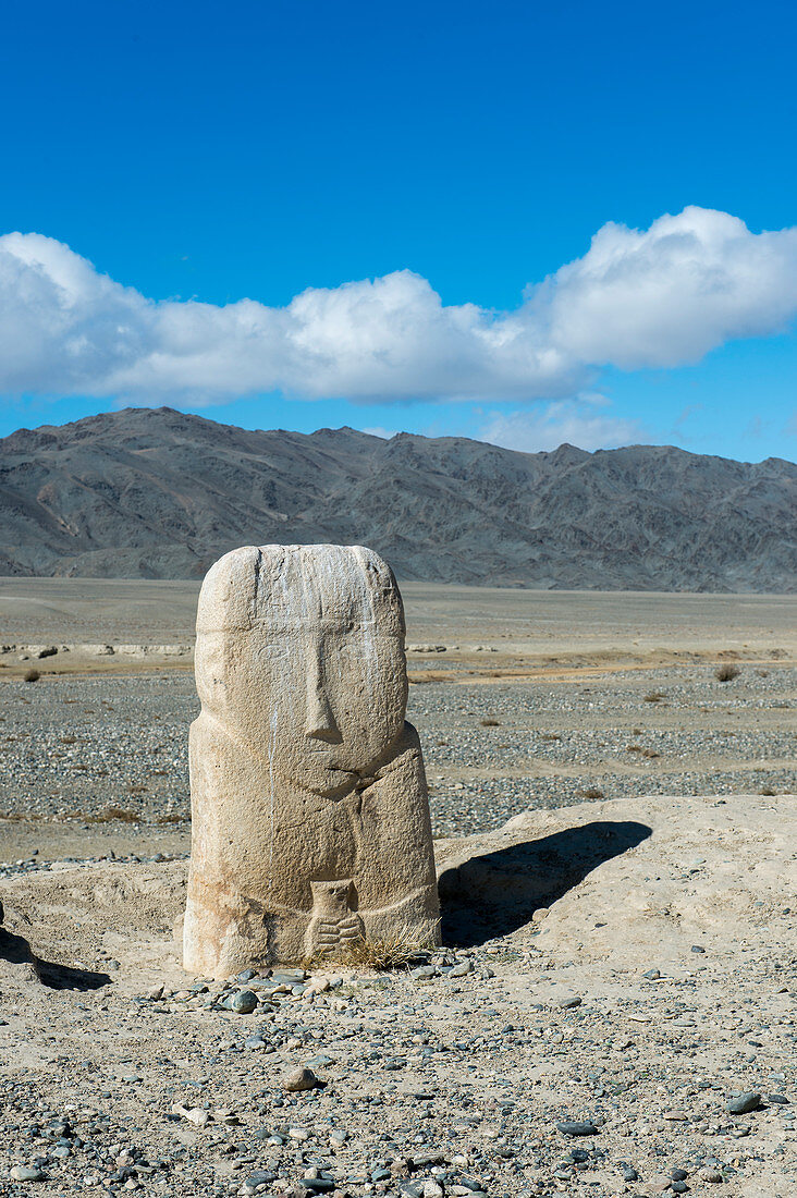 A 7th century Turkik monument standing in the barren landscape of the Sagsai Valley in the Altai Mountains near the city of Ulgii (Ölgii) in the Bayan-Ulgii Province in western Mongolia.