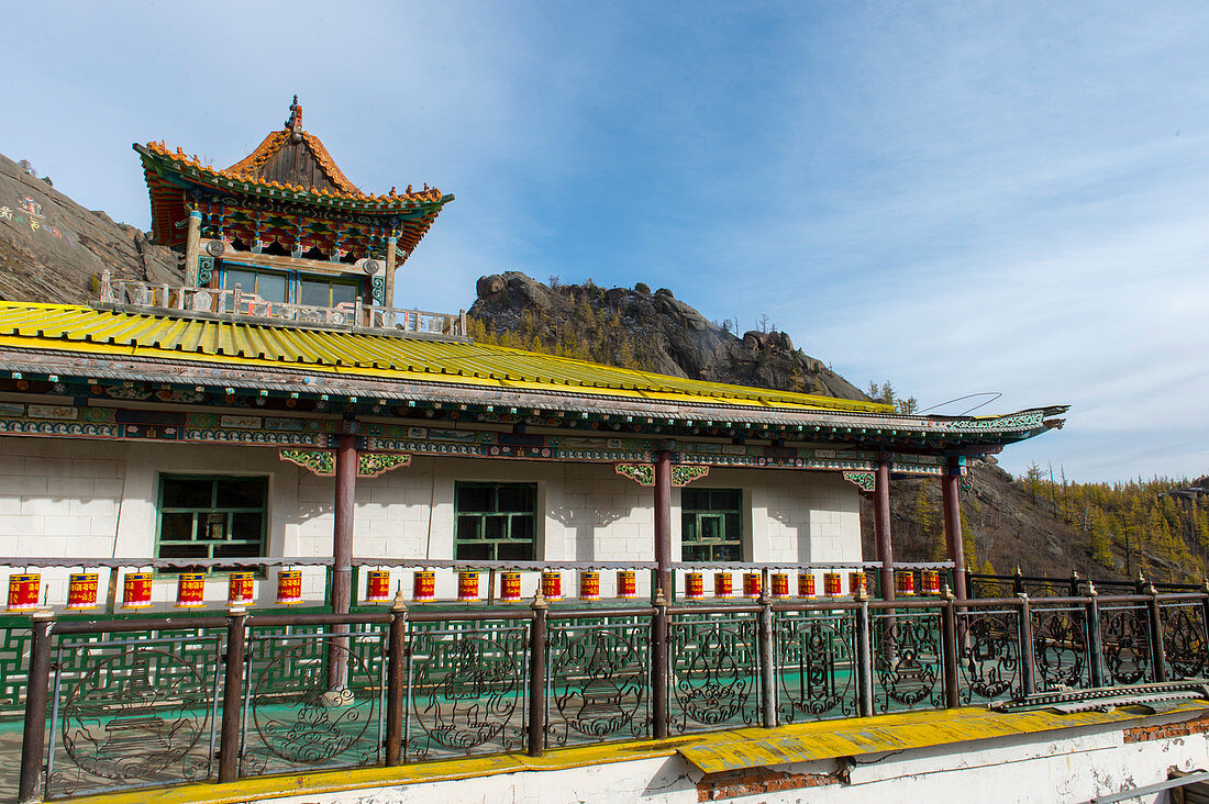 The Ariyabal Meditation temple on a hillside in Gorkhi Terelj National Park which is 60 km from Ulaanbaatar, Mongolia.