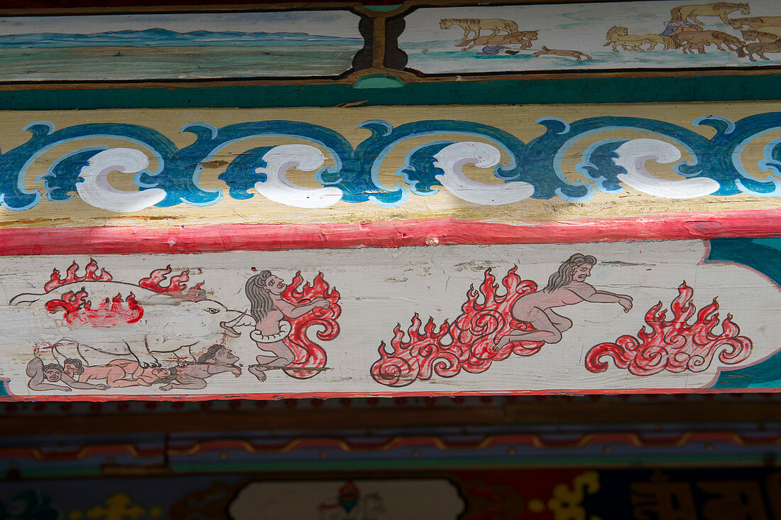 Painted roof eave showing Buddhist hell on the outside of the Ariyabal Meditation temple in Gorkhi Terelj National Park which is 60 km from Ulaanbaatar, Mongolia.