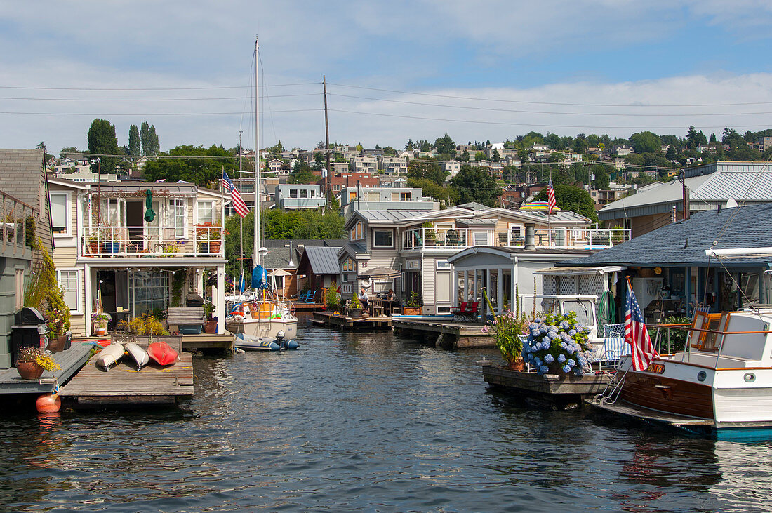 Hausboote auf Lake Union in Seattle, Bundesstaat Washington, USA