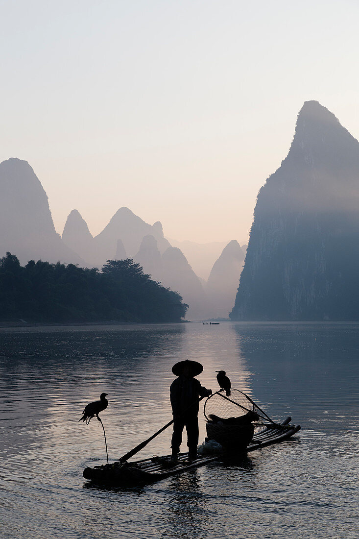 Cormorant Fisherman on River Li Guilin Region Guangxi, China LA008383
