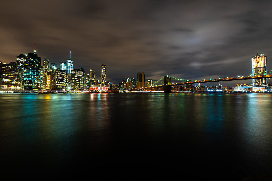 View of Brooklyn Bridge with skyline