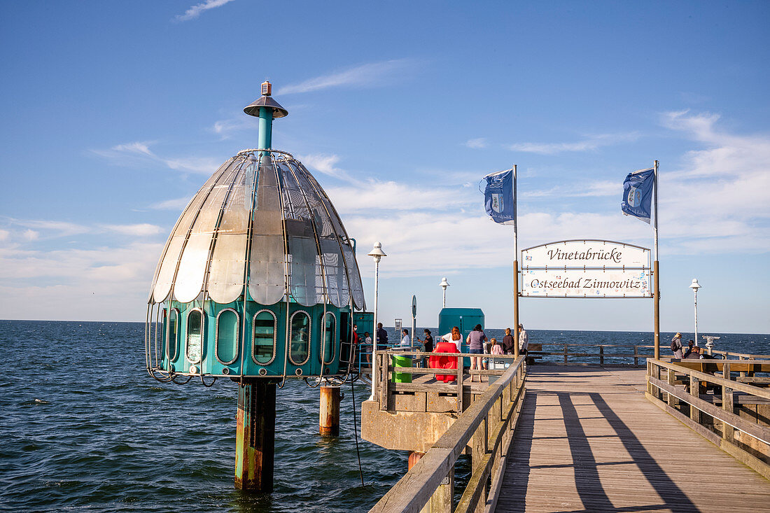 Diving bell pier in Zinnowitz with tourists, Usedom, Mecklenburg-Western Pomerania, Germany