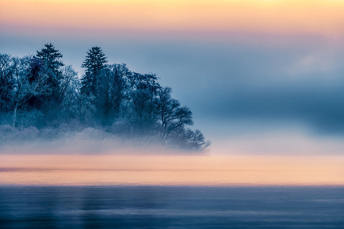 View of the Roseninsel at the blue hour in the morning, Lake Starnberg, Feldafing, Bavaria, Germany