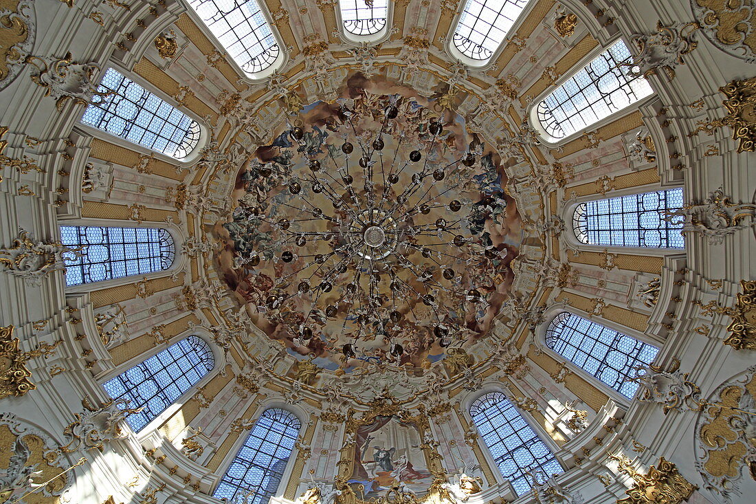 View into the dome, Ettal Abbey, Werdenfelser Land, Upper Bavaria, Bavaria, Germany