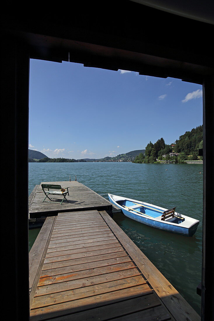 Boathouses on the south bank near Fischhausen, Schliersee, Upper Bavaria, Bavaria, Germany