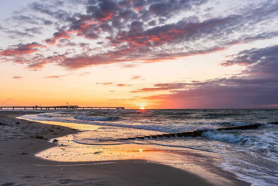 Sunset on the beach of Heiligenhafen, Baltic Sea, Ostholstein, Schleswig-Holstein, Germany