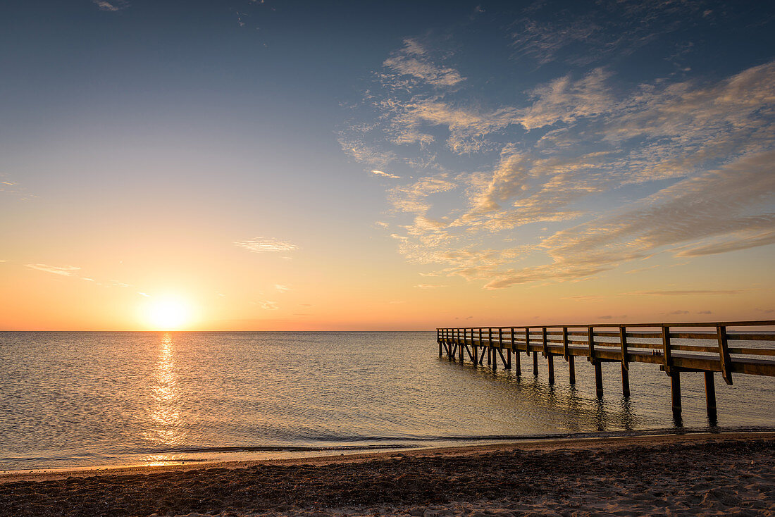 Bathing jetty in the first morning light in Dahme, Schleswig-Holstein, Germany