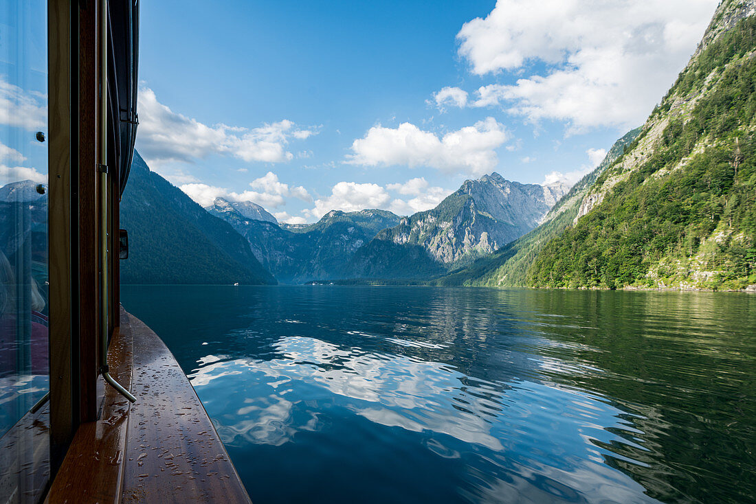 By boat across the Koenigssee in Berchtesgadener Land in Bavaria, Germany