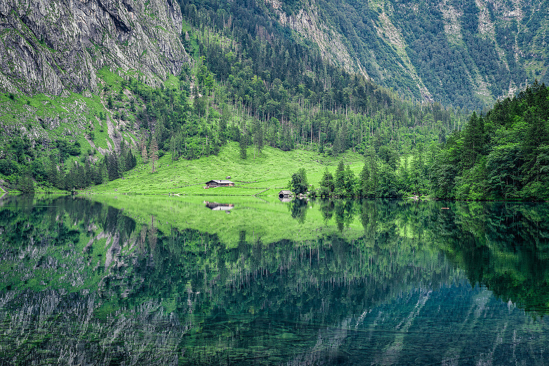 Der gespiegelte Obersee gleich hinter dem Königssee im Berchtesgadener Land in Bayern, Deutschland