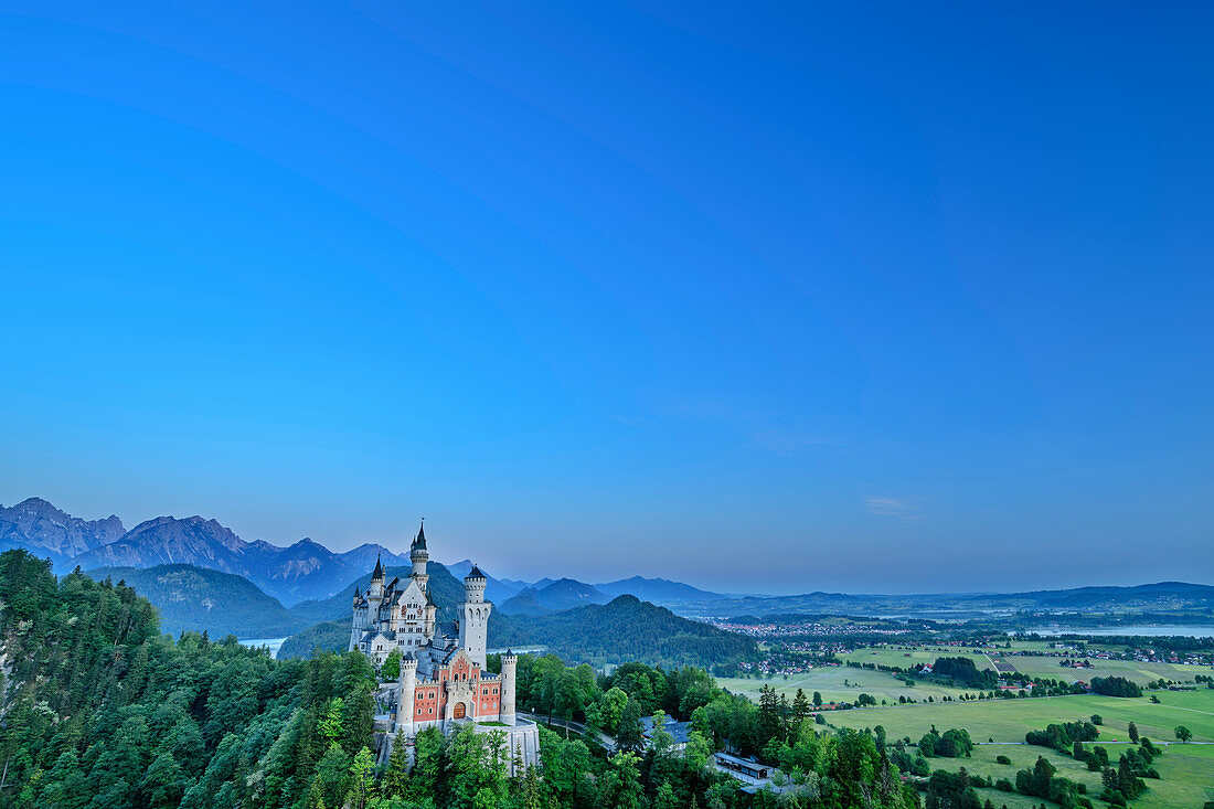 Schloss Neuschwanstein zur blauen Stunde, Tannheimer Berge im Hintergrund, Neuschwanstein, Oberbayern, Bayern, Deutschland