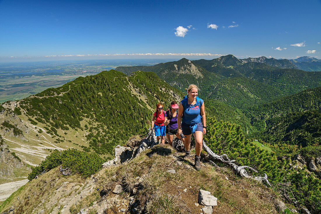 Three women hiking up to the Hohe Kisten, Estergebirge, Bavarian Alps, Upper Bavaria, Bavaria, Germany