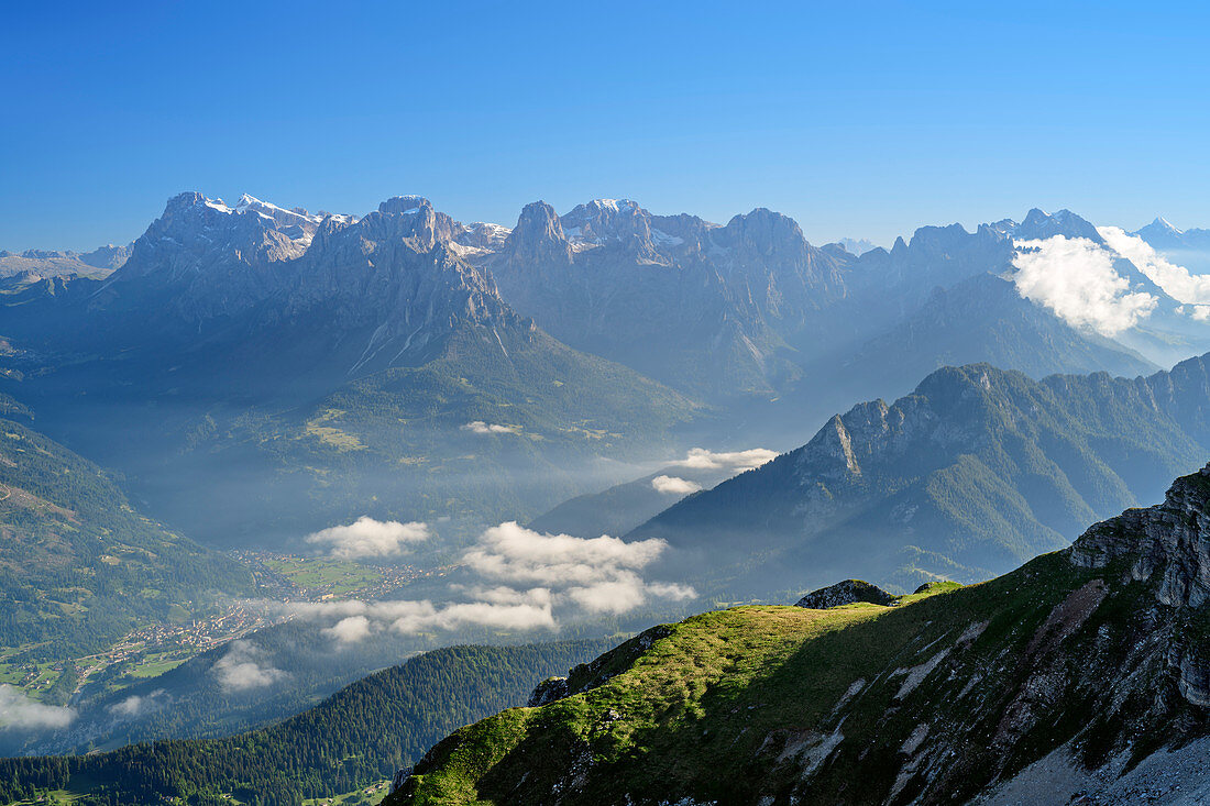 View of Pale Group, from Monte Pavione, Belluno Dolomites, Belluno Dolomites National Park, UNESCO World Heritage Dolomites, Veneto, Veneto, Italy