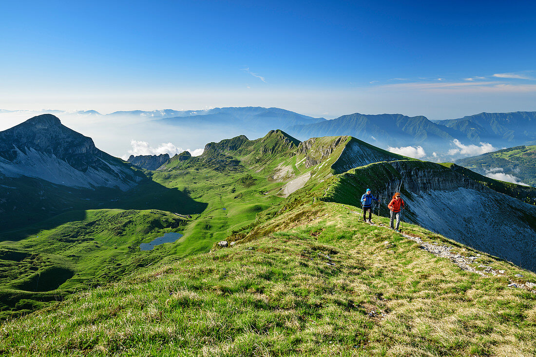 Mann und Frau beim Wandern steigen über Wiesenrücken zum Monte Pavione auf, Monte Pavione, Belluneser Dolomiten, Venezien, Venetien, Italien