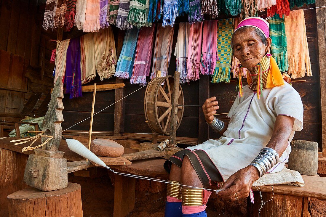 Kayan Lahwi Frau mit Messinghalsringen und traditioneller Kleidung, spinnt Baumwolle in ihrem Geschäft. Sie hat hinter sich den handgewebten Stoff ausgestellt, den sie an Touristen verkauft. Pan Pet Region, Bundesstaat Kayah, Myanmar.