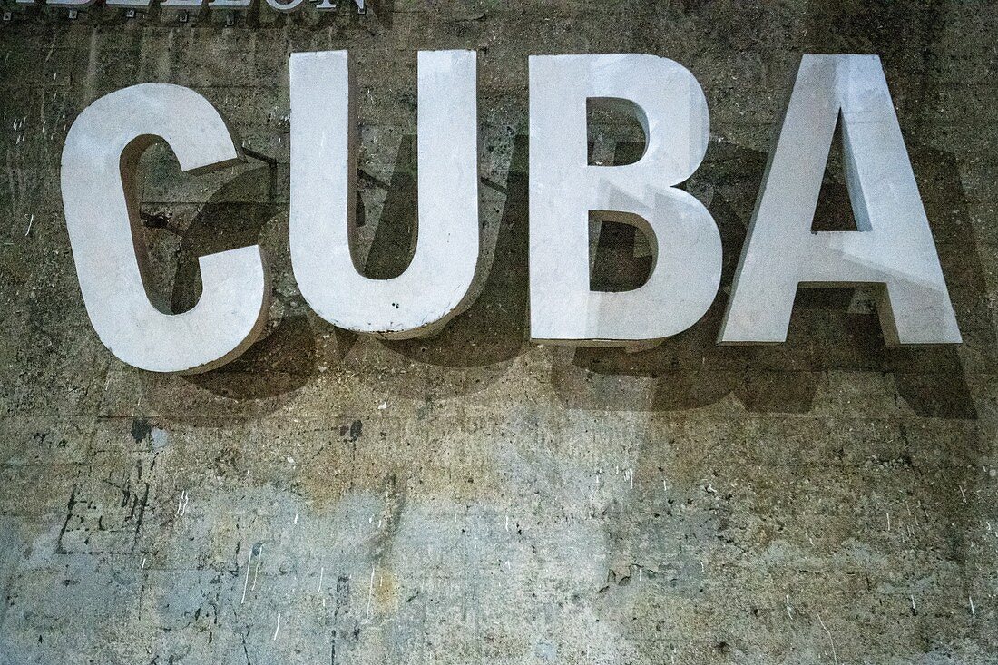 White sign spelling out 'Cuba' , Havana, Cuba