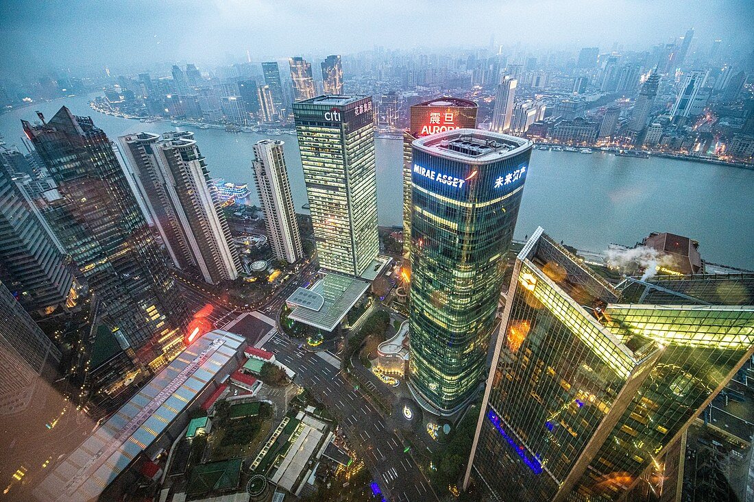 An overhead view of the cityscape in Shanghai, China.