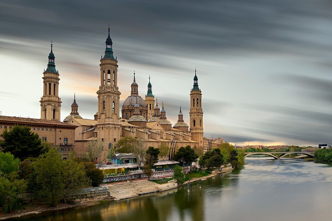 View of the Basilica of Our Lady of Pilar, at sunset in Zaragoza Aragon Spain