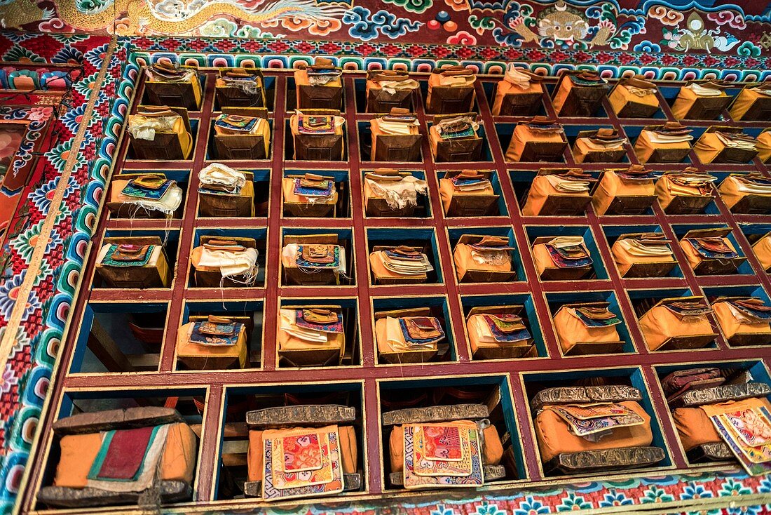 Sacred Buddhist texts stored at the monastery of Marpha, Marpha village, Lower Mustang, Mustang district, Nepal