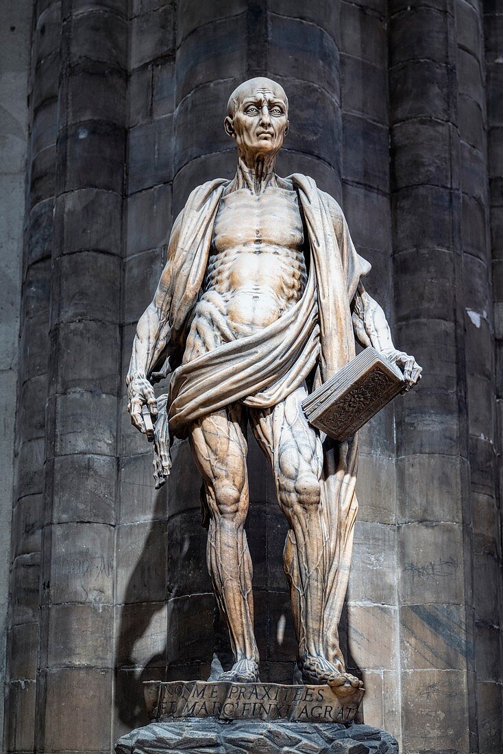 Milan Italy. The interior of the Duomo cathedral. St. Bartholomew Statue by Marco Agrate