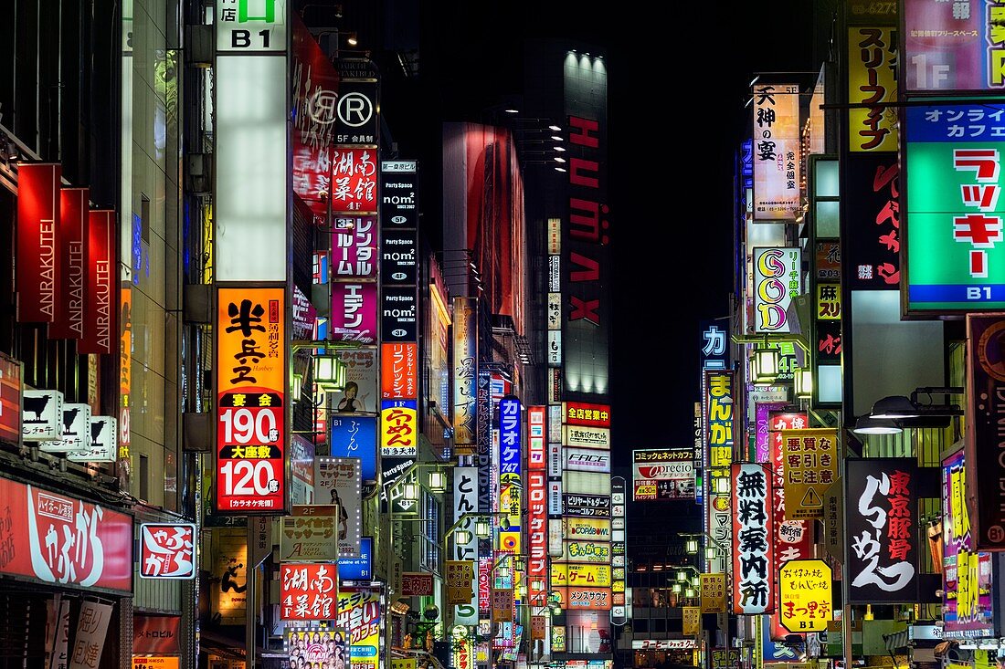 Tokyo, Japan. Neonlichter im Bezirk Shinjuku bei Nacht