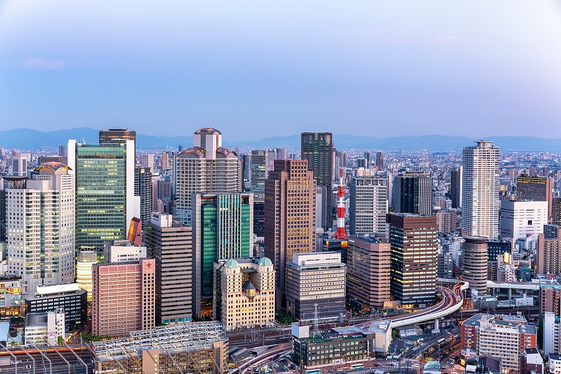 Osaka Japan. Aerial view of the city at dusk
