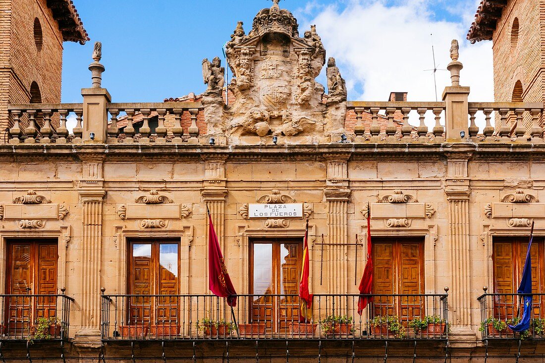 17th century baroque building, current town hall, with arcades, Tuscan pilasters and shield. Viana, Navarre, Spain, Europe