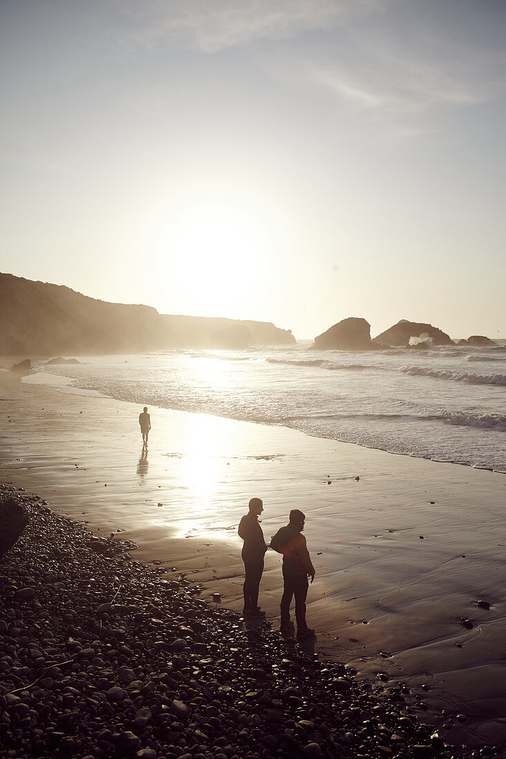 Letzte Besucher geniessen den Sonnenuntergang am Strand von Big Sur, Kalifornien, USA.