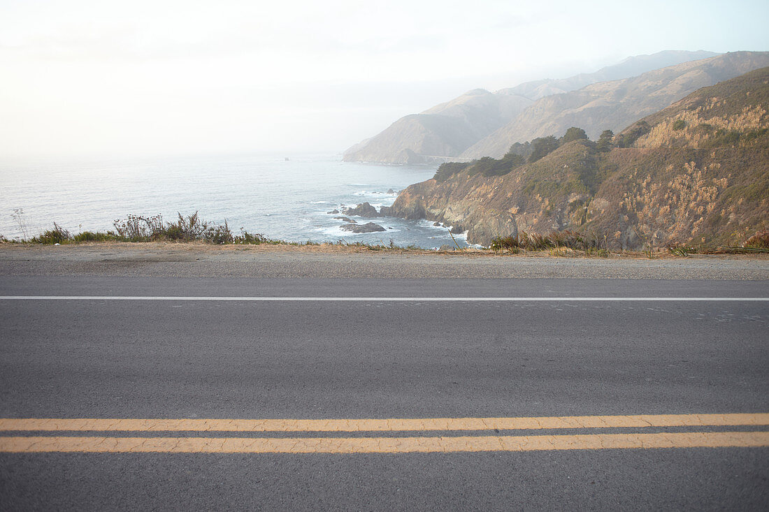 Road surface with median of Highway 1 at Big Sur State Park, California, USA.