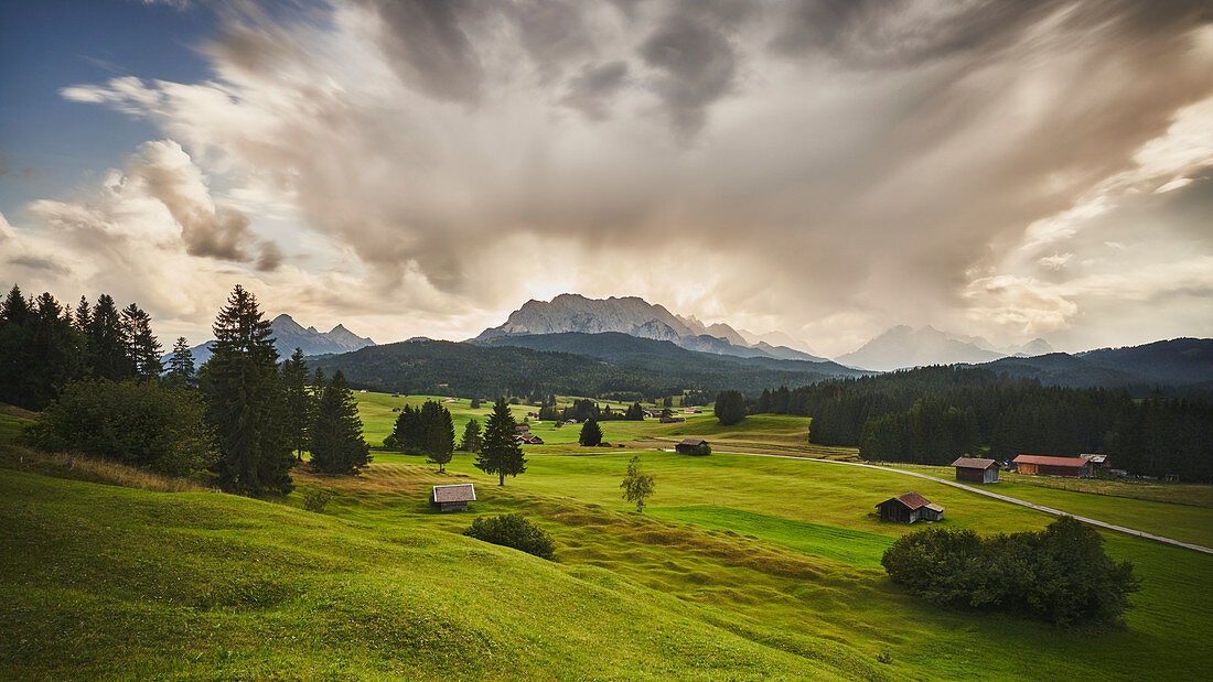 View from the humpback meadows at Tennsee towards the Zugspitze massif, Bavaria, Germany.
