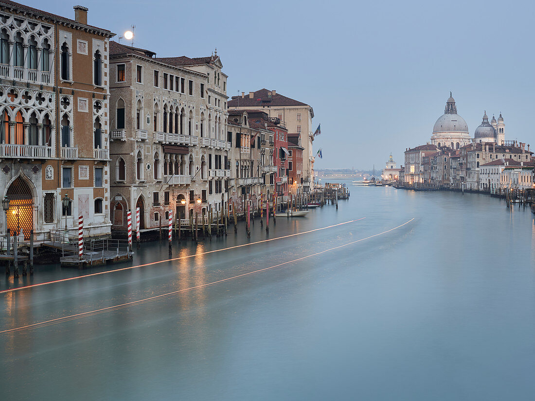 Moon rise, view from the Ponte dell'Accademia to Santa Maria della Salute, Venice, Italy.
