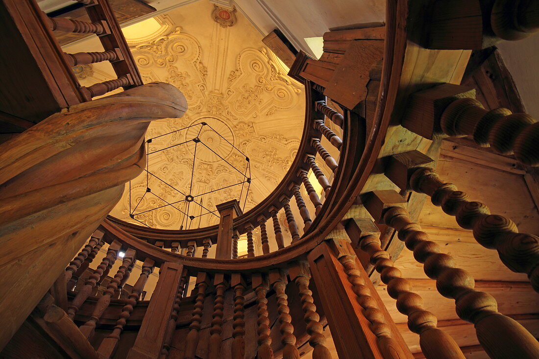 Carved spiral staircase in the great water tower, Augsburg, Swabia, Bavaria, Germany