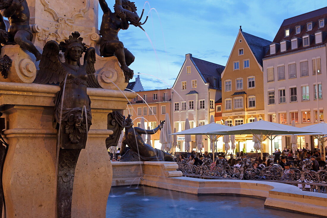 Fountain figures of the Augustusbrunnen, Rathausplatz, Augsburg, Swabia, Bavaria, Germany