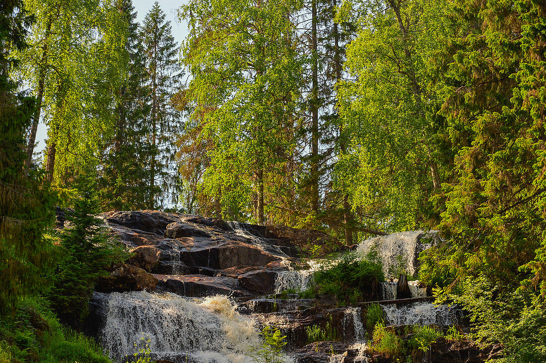 Wasserfall und Felsen im Wald, Ramsele, Västernorrland, Schweden