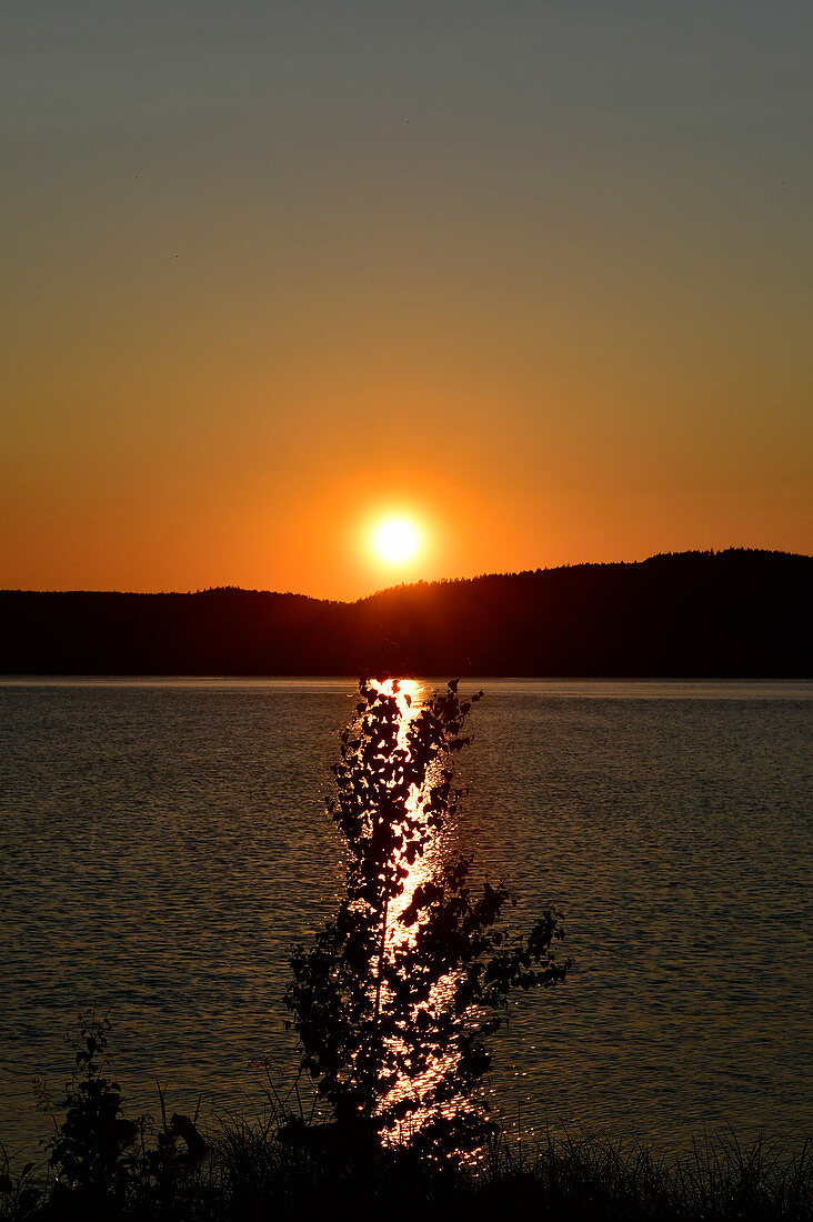 Sonnenuntergang an einem See, Orsjön, Tomterna, Västernorrland, Schweden