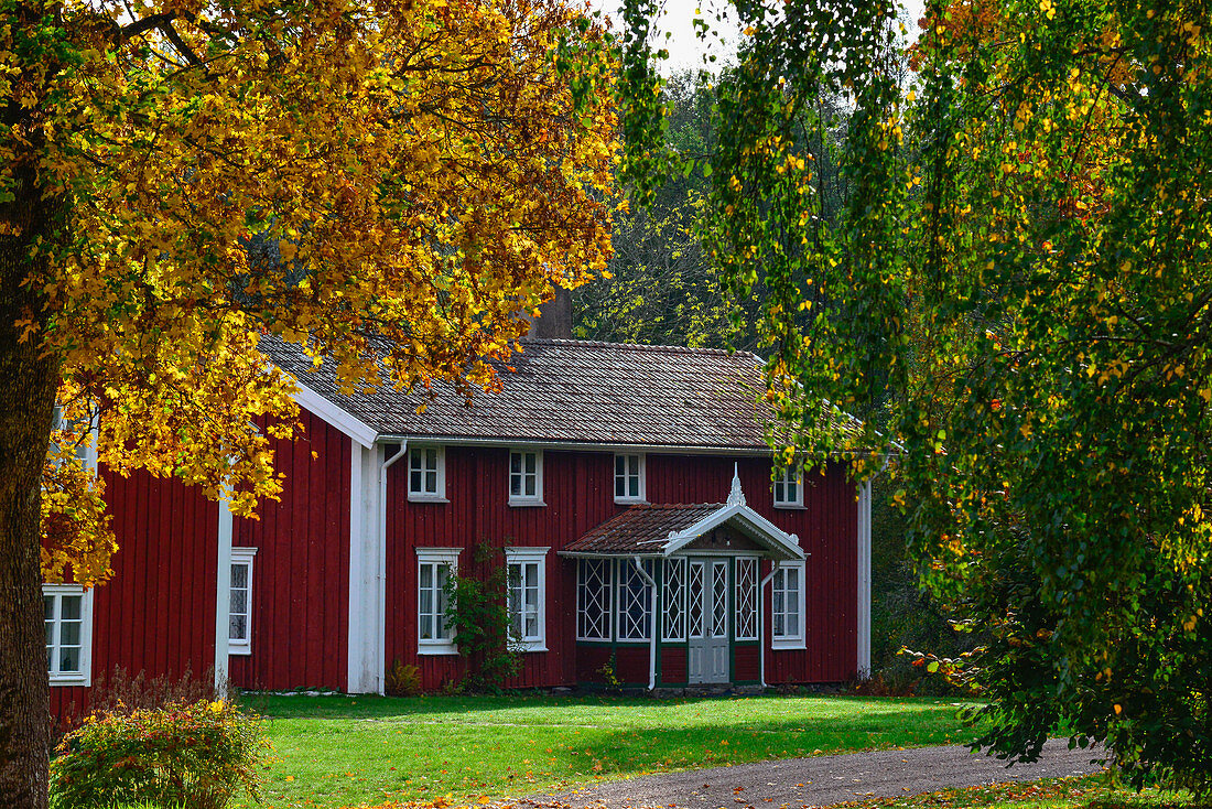 Old wooden villa surrounded by autumn leaves, near Vittaryd, Kronobergs Län, Sweden