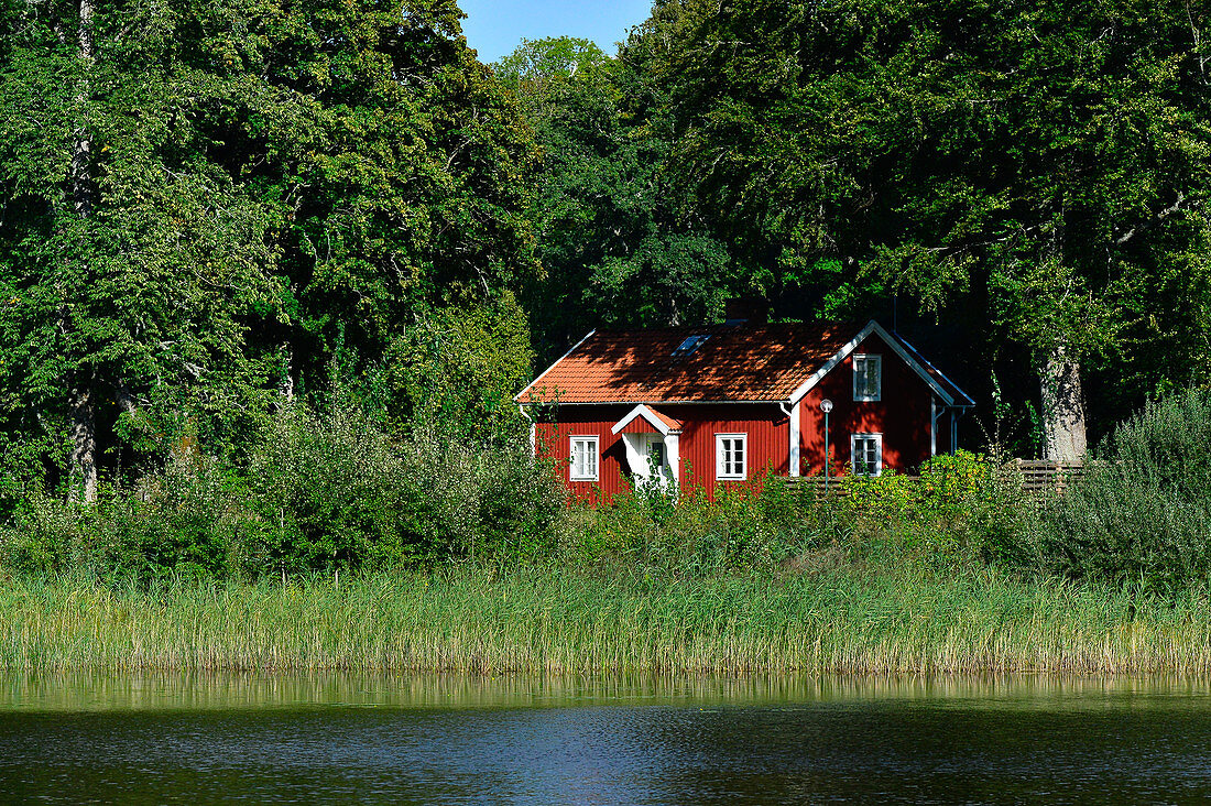 Kleines, rotes Schwedenhaus an einem See,Vidöstern, Toftaholm, Jönköpings Län, Schweden