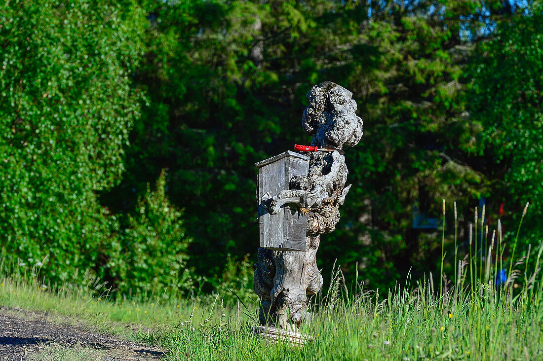 An unusual wooden mailbox stands in a meadow, Hundsjön, near Boden, Norrbottens Län, Sweden