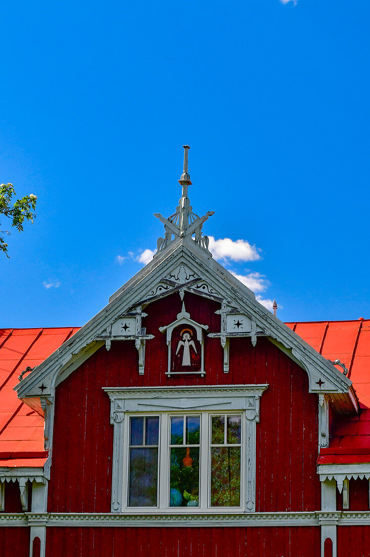 Antique wooden house with decorations in Piteå, Norrbotten County, Sweden
