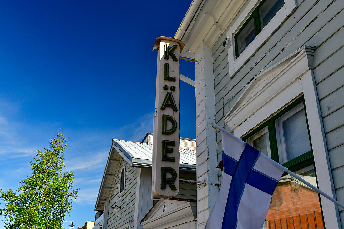 Old clothes shop with Finnish flag, Haparanda, Norrbottens Län, Sweden