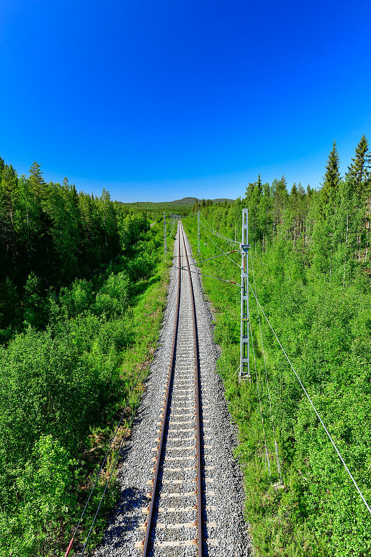 Bahngleise im Wald in Lappland, bei Hundsjön, Boden, Norrbottens Län, Sschweden