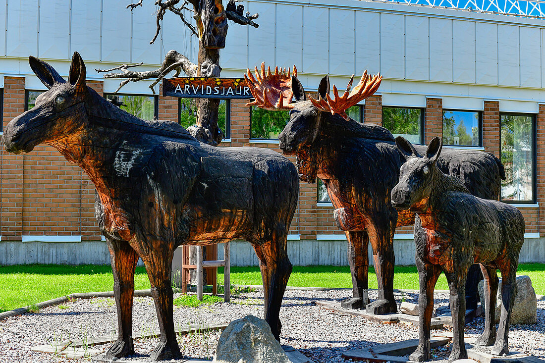 Sculpture made of moose in front of the parish hall in Arvidsjaur, Norrbotten County, Sweden