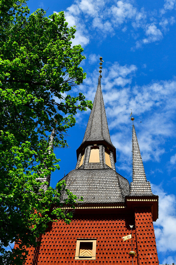 One of the towers of the historic wooden church in Kopparberg, Örebro Province, Sweden