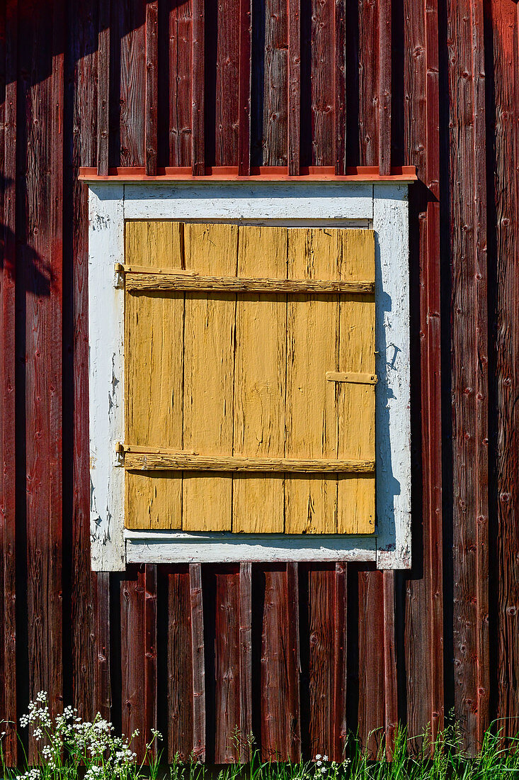Gelber Fensterladen an einem historischen, roten Holzhaus, Lövanger Kyrkstad, Västerbottens Län, Schweden