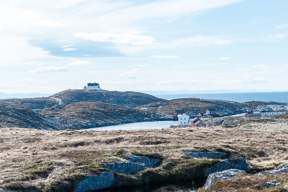 Blick über die Insel Nordöyan, Fischerdorf, Folda, Namdalen, Tröndelag, Norwegen
